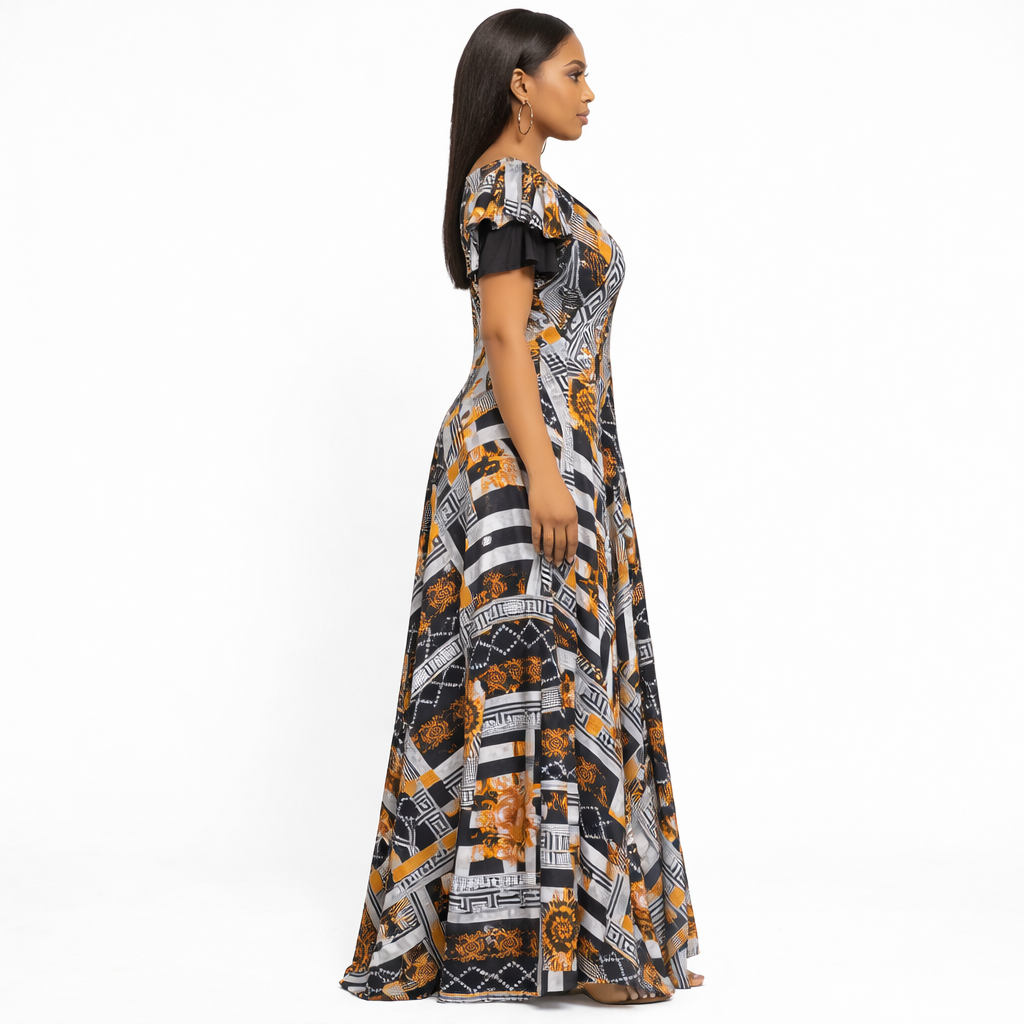 Mixed Print Flare Maxi Dress