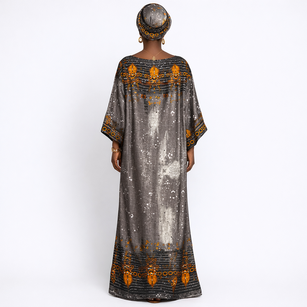 Abstract vintage Print Fabric Grey and Orange Pattern