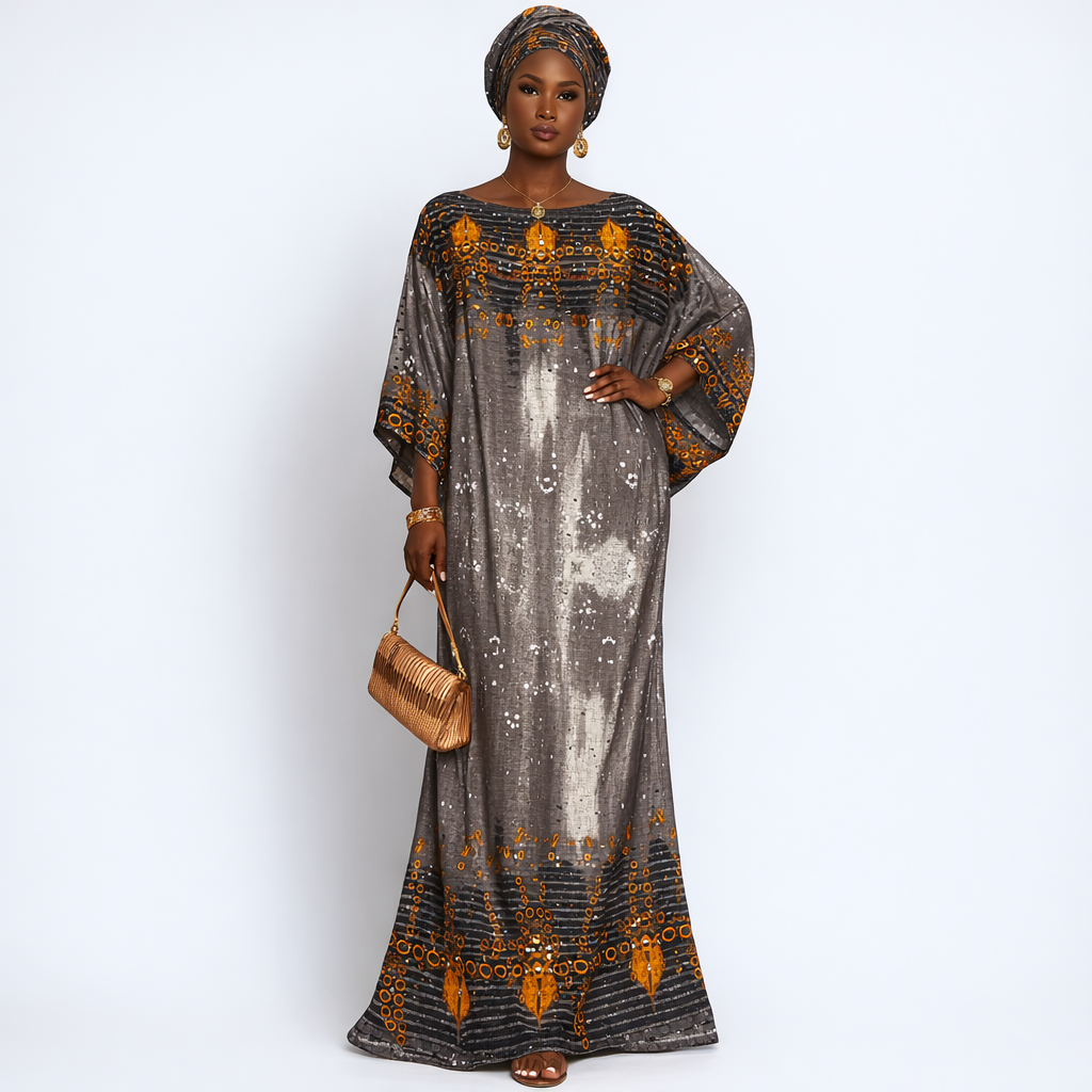 Abstract vintage Print Fabric Grey and Orange Pattern