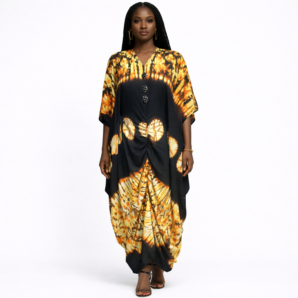 Womens Tie Dye Kaftan Midi Dress with Front Pleat Detail