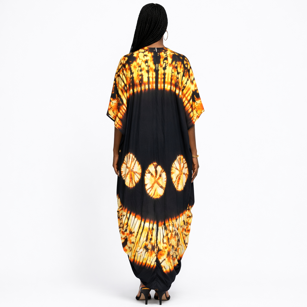 Womens Tie Dye Kaftan Midi Dress with Front Pleat Detail