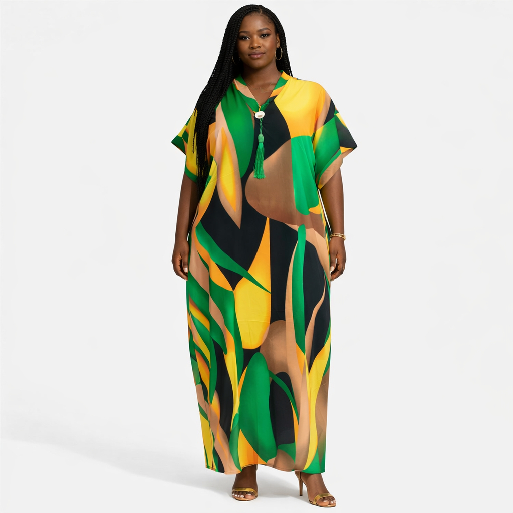 Emerald Wave Tassel Kaftan Dress