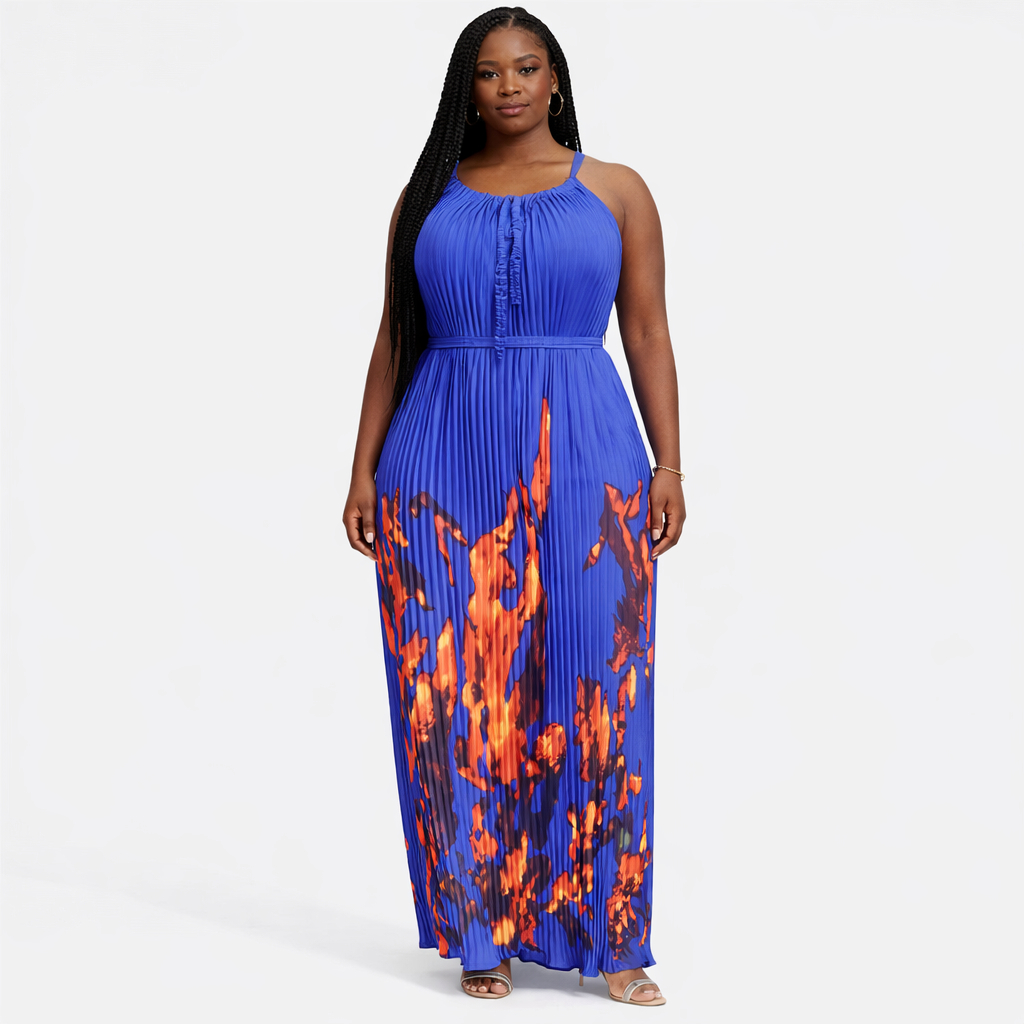 Royal Flame Pleated Maxi Dress