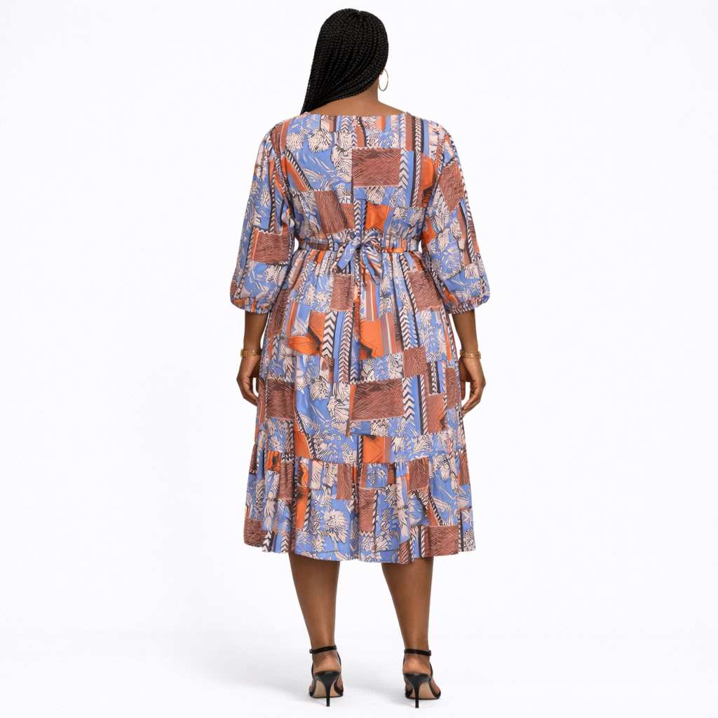 Sky Mosaic Belted Midi Dress