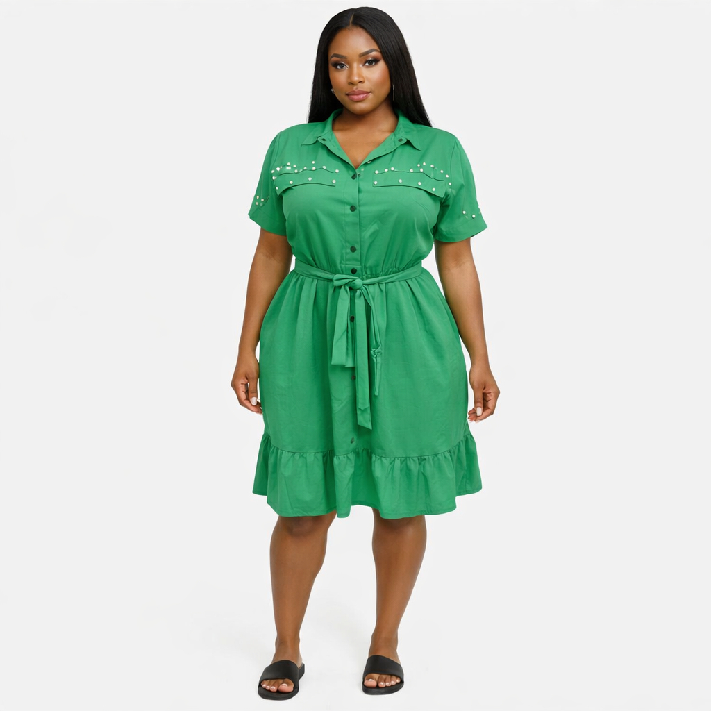 Emerald Pearl Accent Shirt Dress