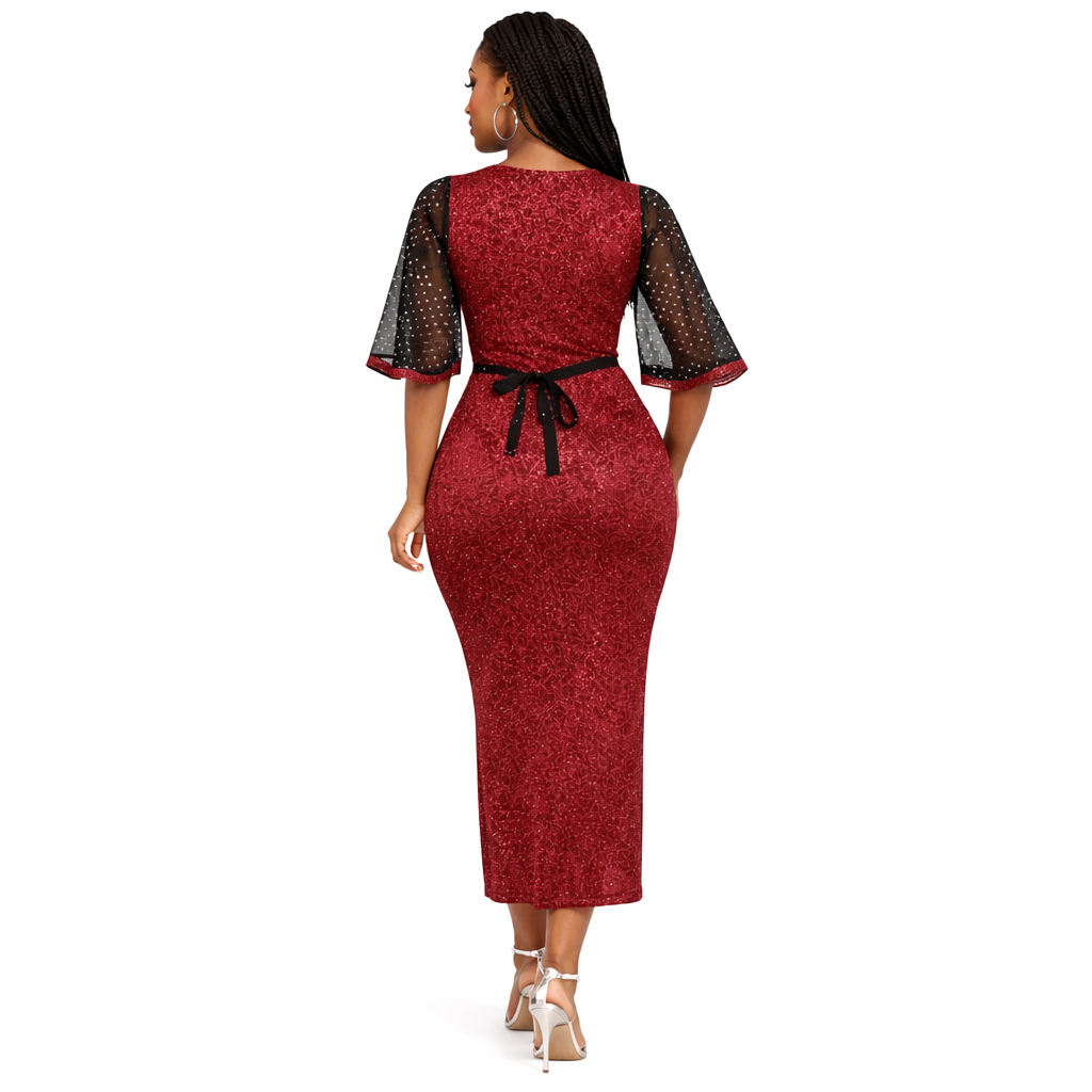 Ruby Sparkle Midi Gown with Sheer Polka Dot Sleeves
