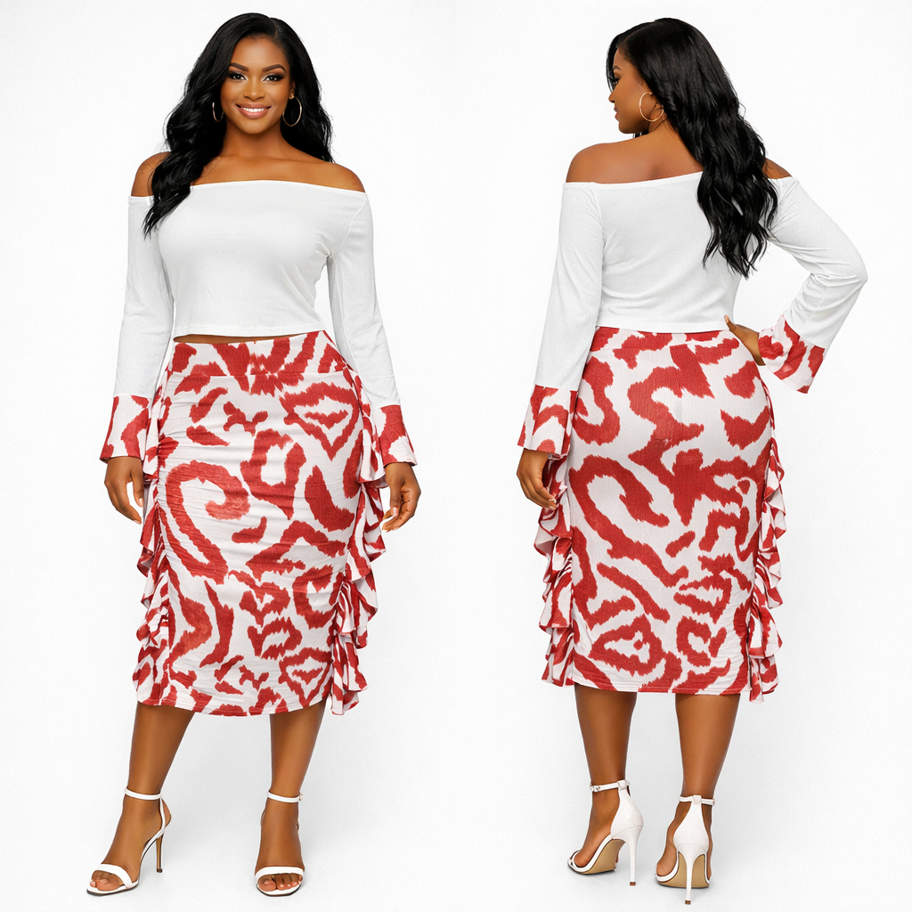 Women Off Shoulder Long Sleeve Top and Printed Midi Skirt Set