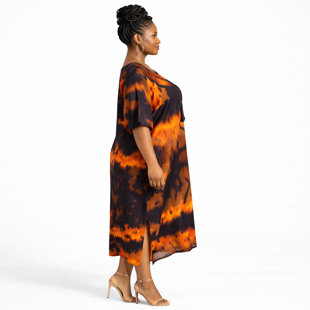 Women Orange Black Tie and Dye Kaftan Dress