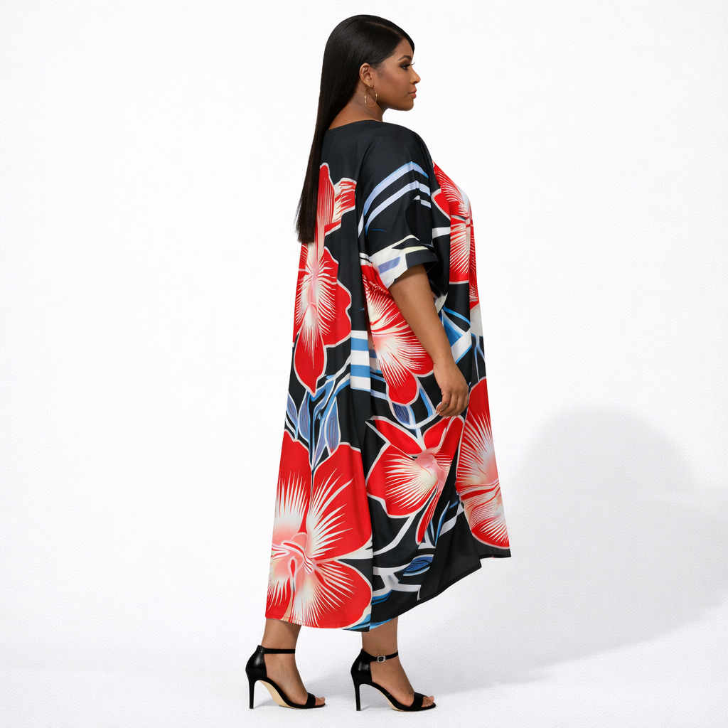 Women Black Red Floral Bubu Gown