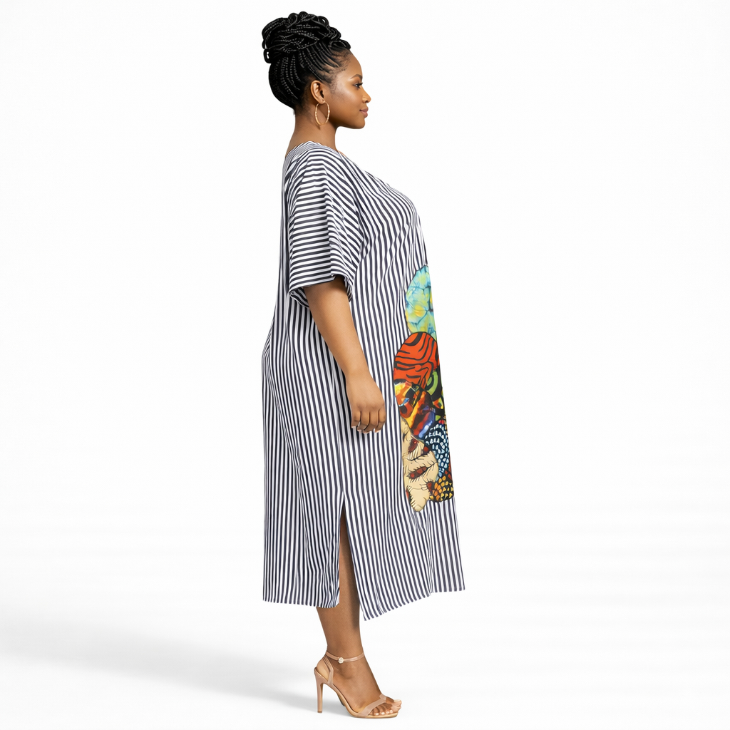 Women Black and White Striped Bubu Gown