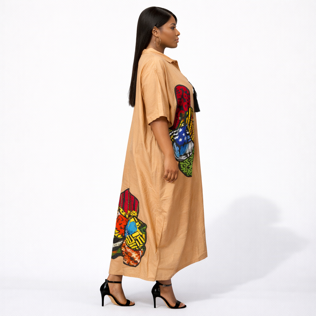 Women Peach Bubu Gown With African Patch Design