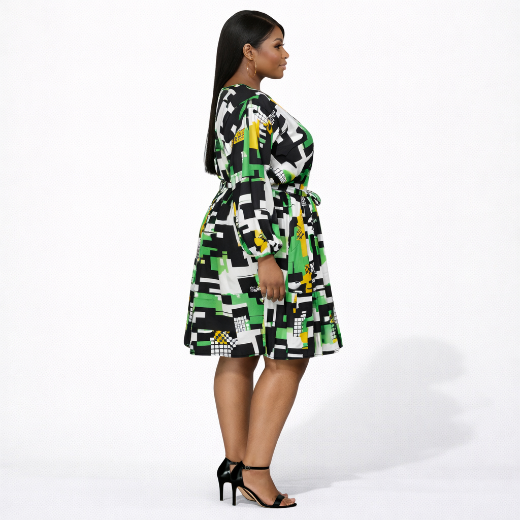 Women Abstract Print Belted Casual Flare Dress
