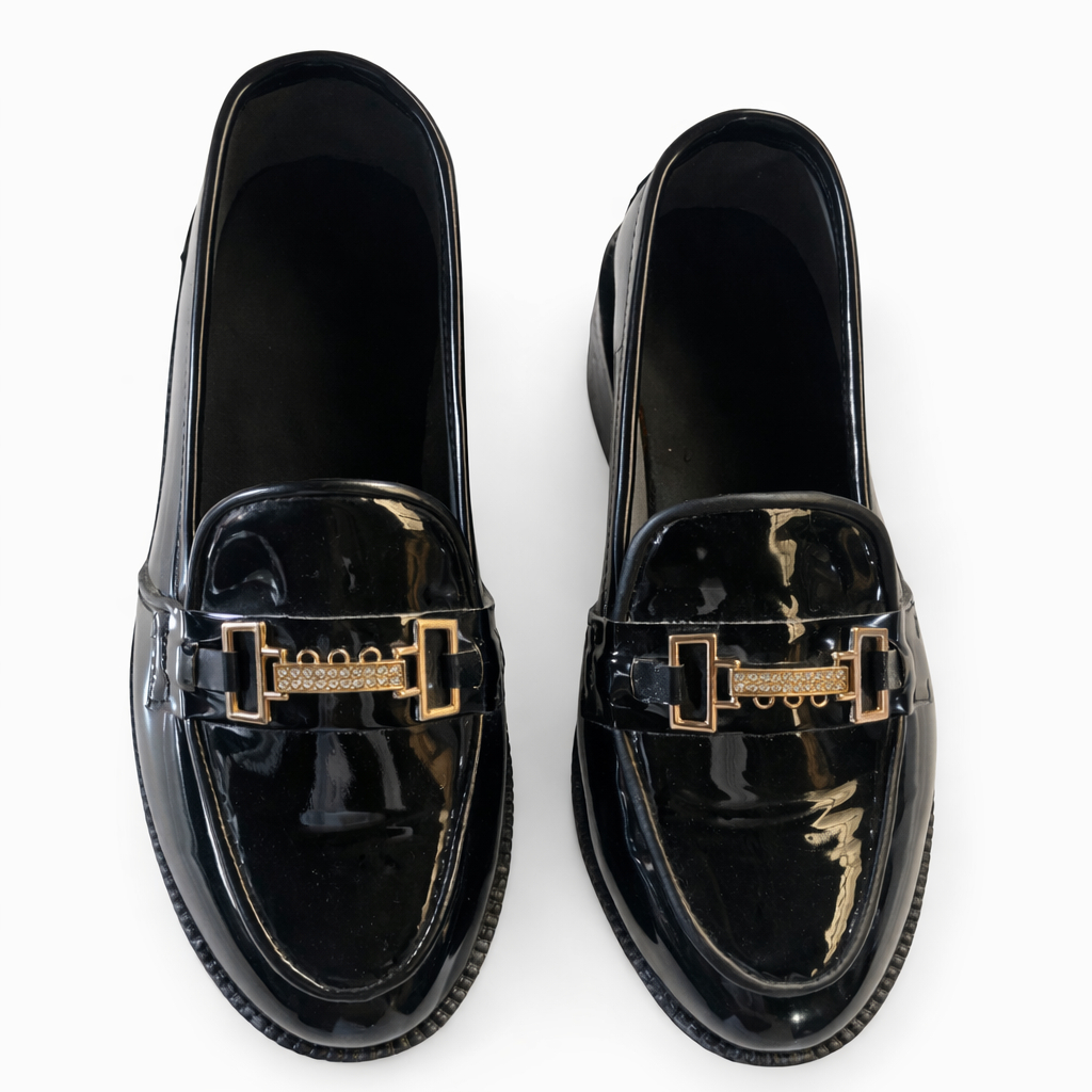 Glossy Black Platform Loafers with Gold Buckle