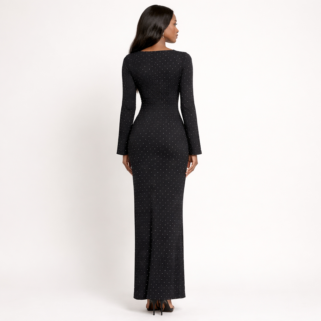 Black Rhinestone Ribbed Long Sleeve Maxi Dress