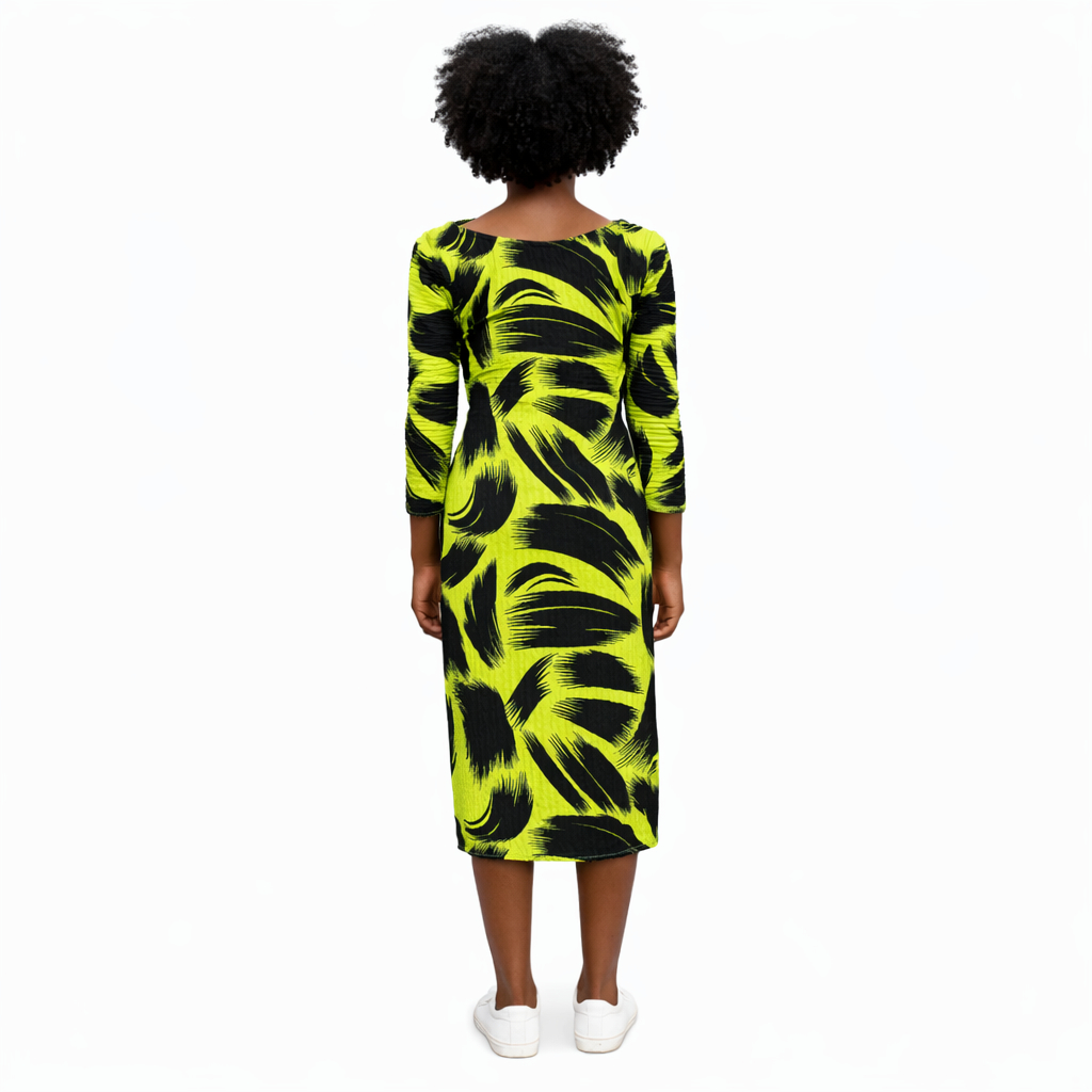 Neon Green and Black Abstract Print Long Sleeve Dress for kids