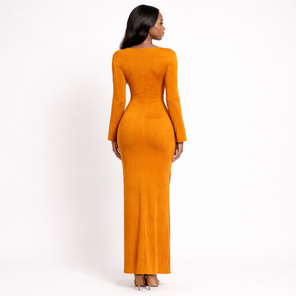 Mustard Ribbed Long Sleeve Maxi Dress