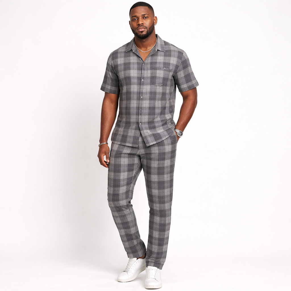 Grey and White Plaid Woven Fabric