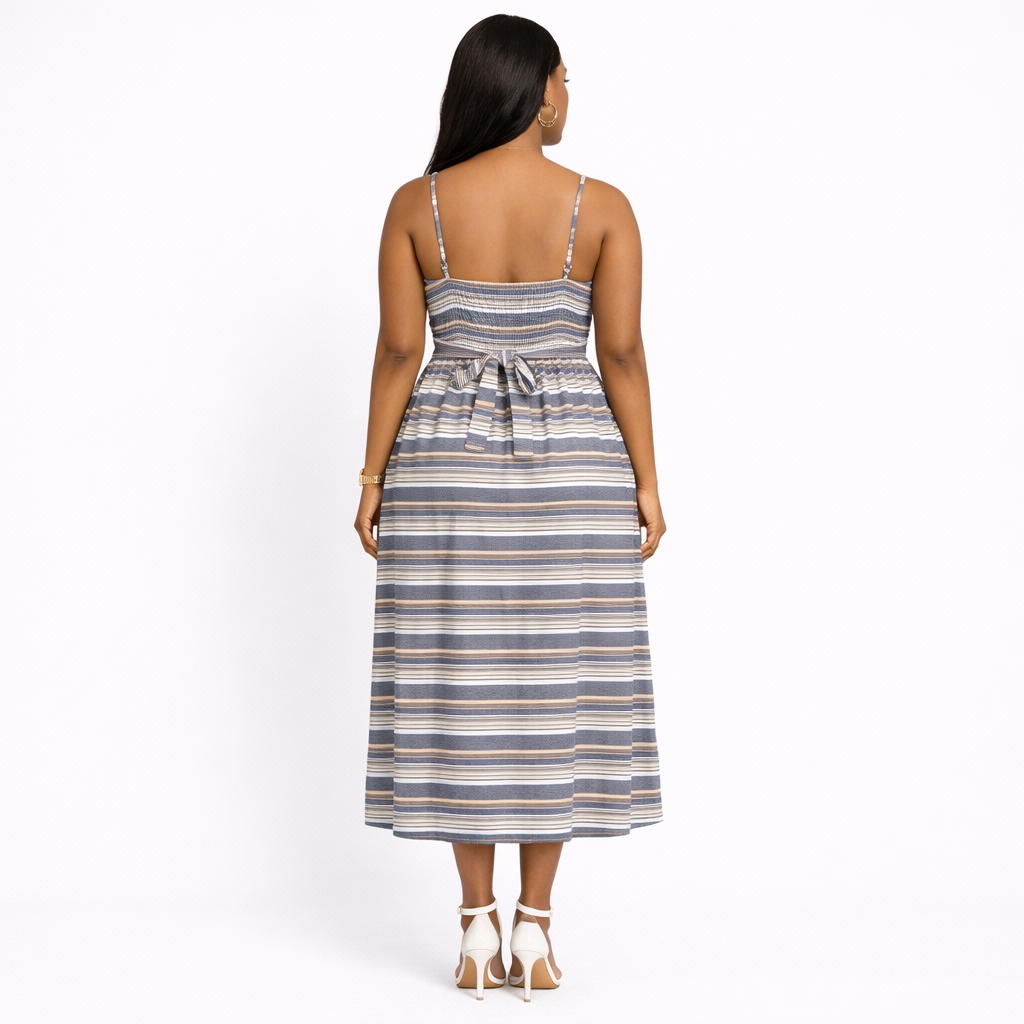 Multi Stripe Woven Fabric in Blue Beige and White