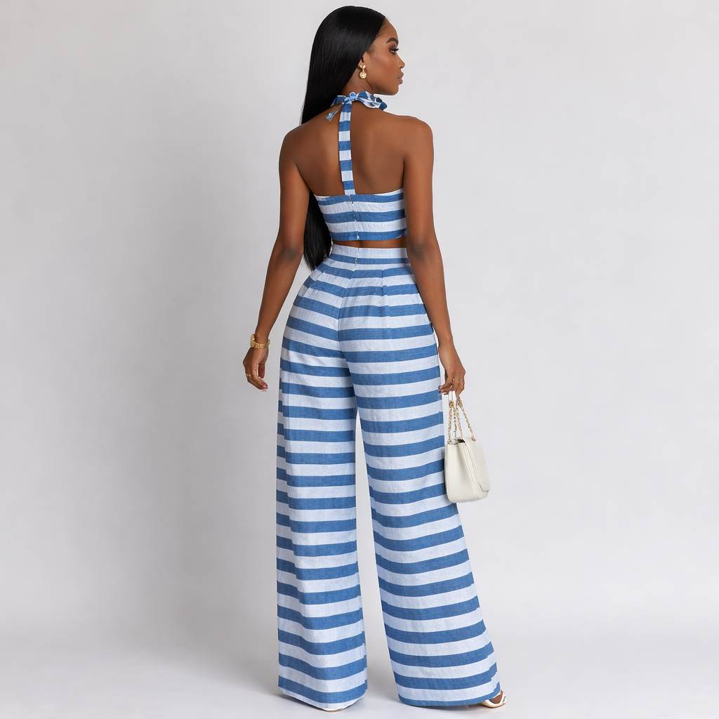 Blue and White Striped Woven Fabric material