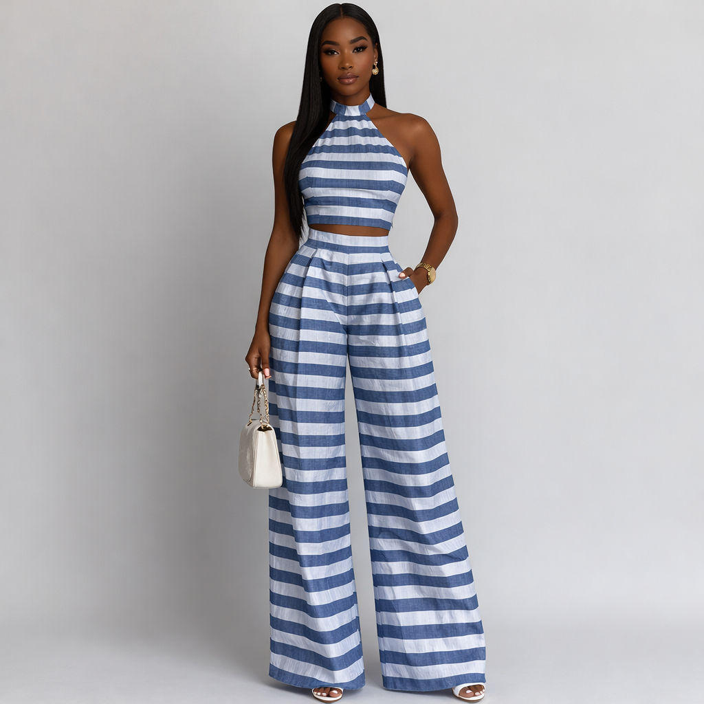 Blue and White Striped Woven Fabric material