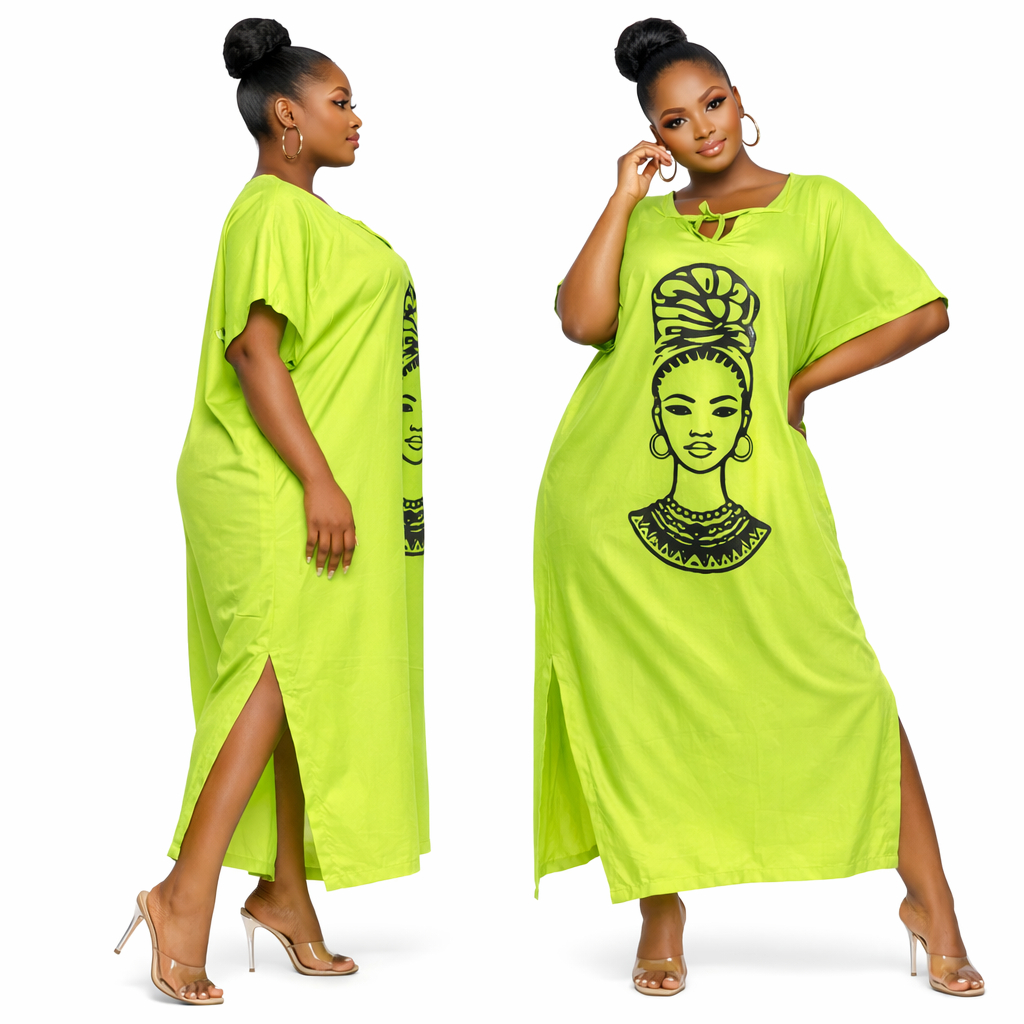 Women Lime Green Graphic Bubu Gown