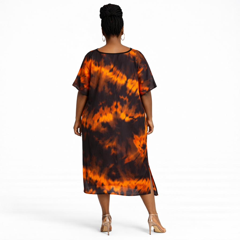 Women Orange Black Tie and Dye Kaftan Dress