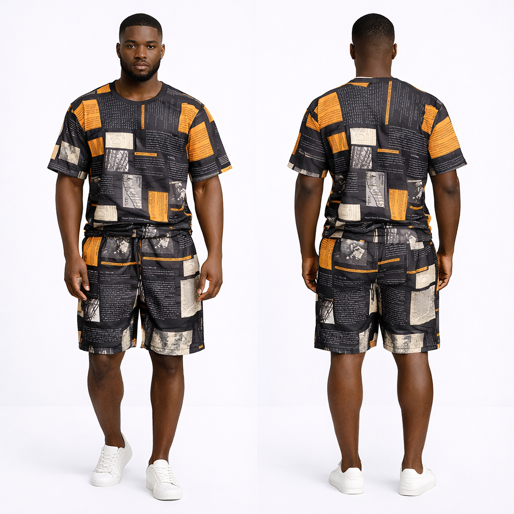 Black Abstract Print Mens Two Piece Shorts Set