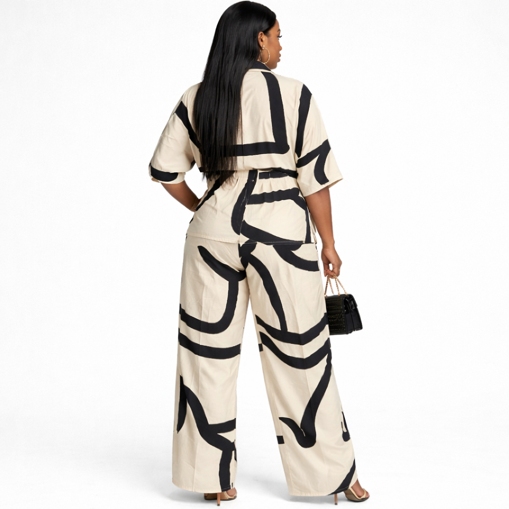 Abstract Print Two Piece Shirt and Wide Leg Pants Set