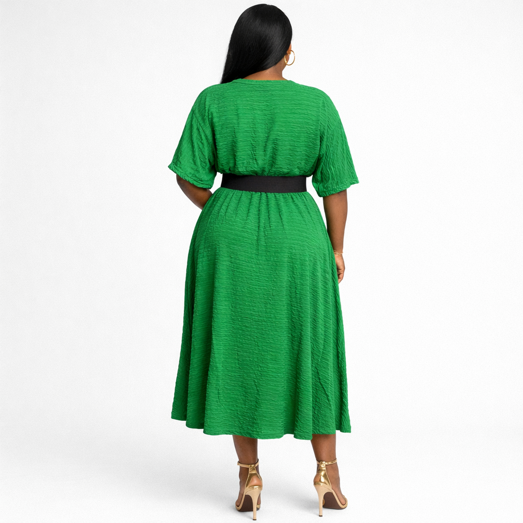 Green Textured Maxi Dress with Short Sleeves
