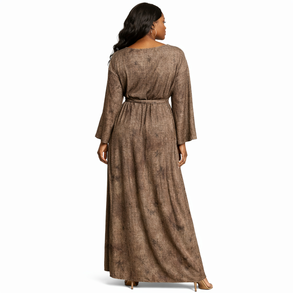Brown Long Sleeve Waist Tie Maxi Dress