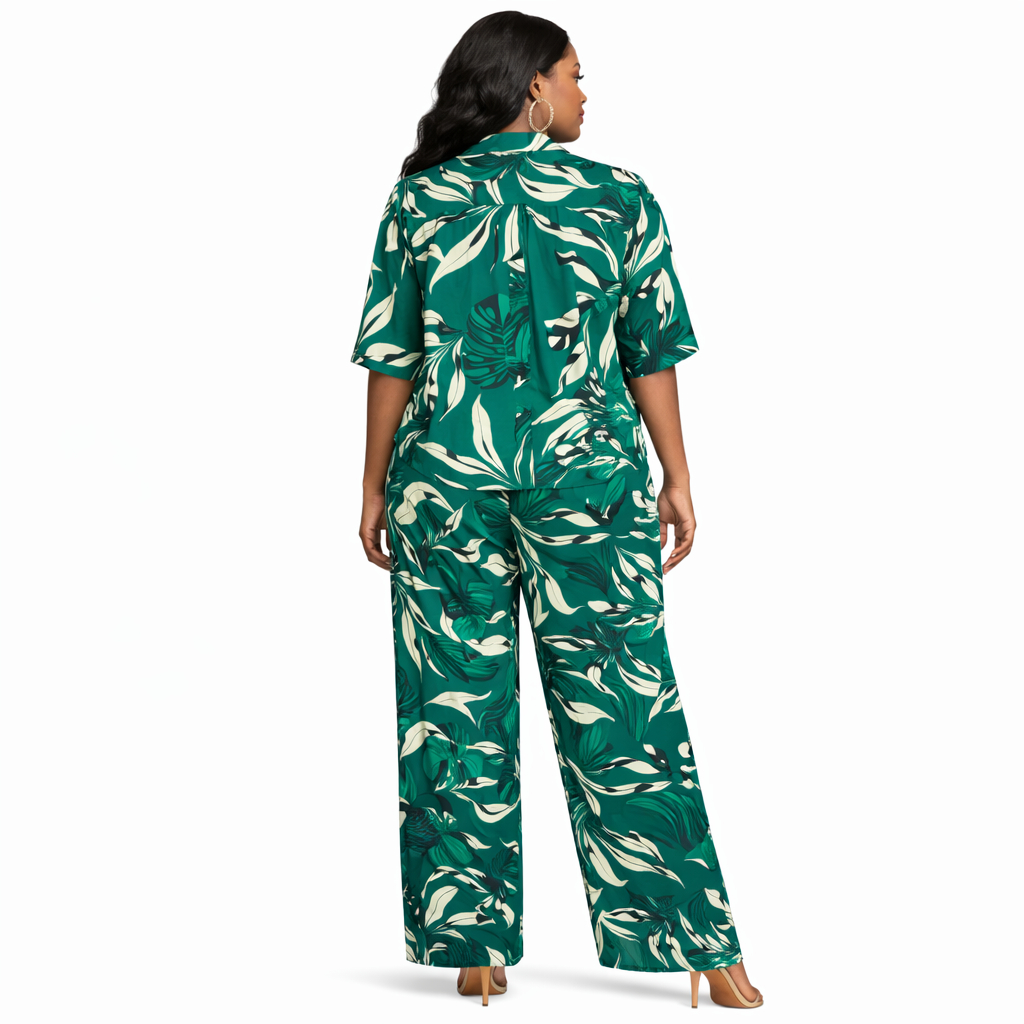 Green Tropical Leaf Print Two Piece Lounge Set