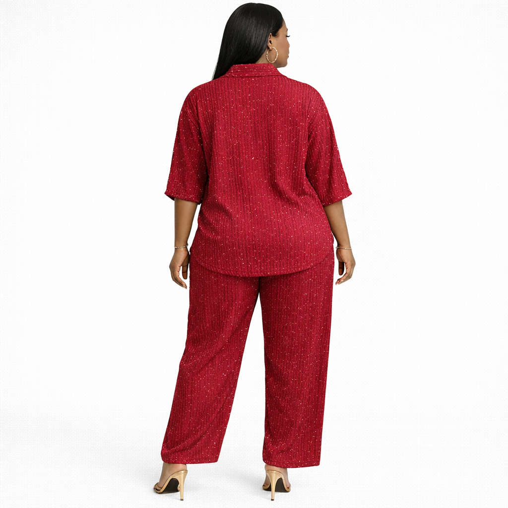 Womens Red Textured Button Front Two Piece Outfit Set