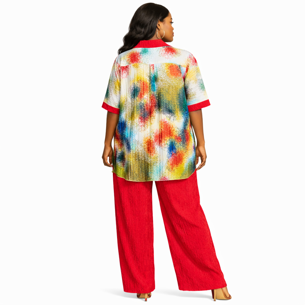 Abstract Print Pleated Button Front Two Piece Outfit