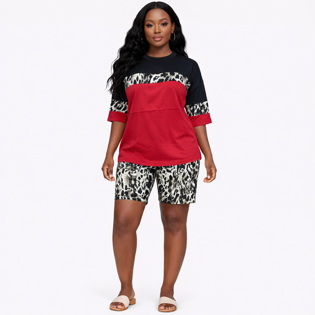Color Block Short Sleeve Lounge Set with Printed Shorts