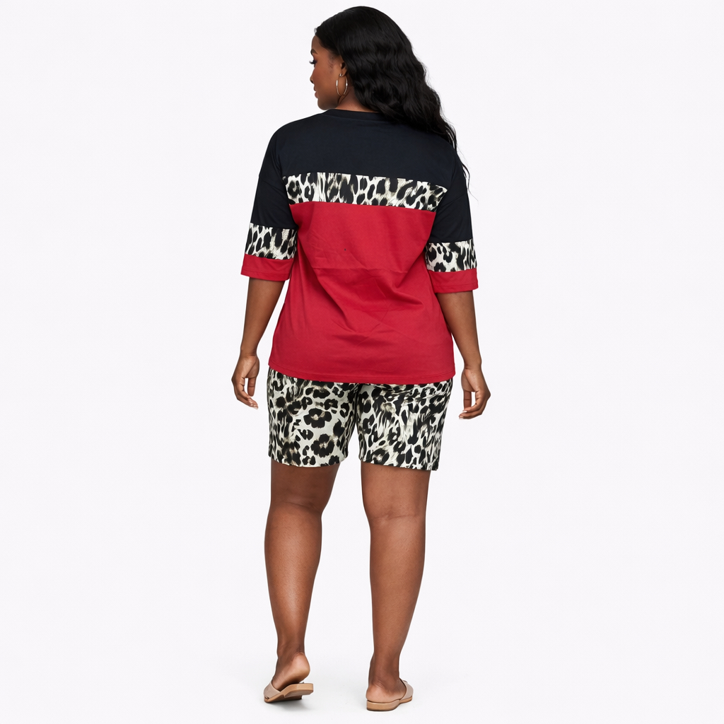 Color Block Short Sleeve Lounge Set with Printed Shorts