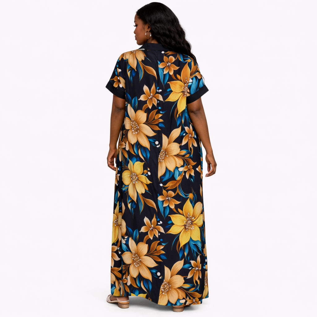 Ladies Floral Button Front Kaftan Maxi Dress