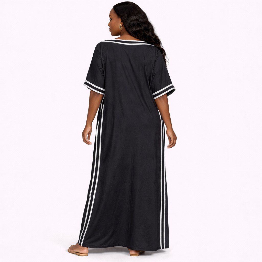 Womens Loose V Neck Tassel Trim Kaftan Dress