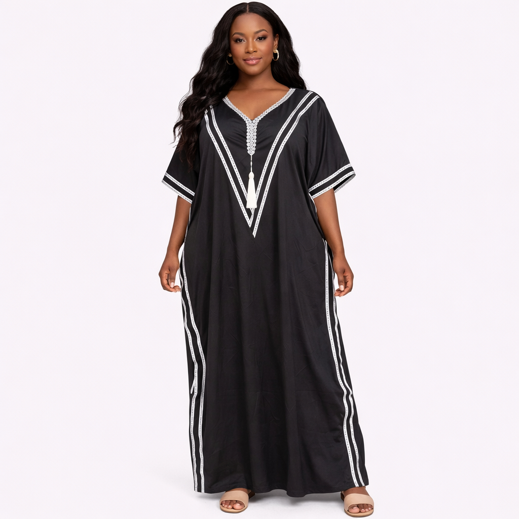 Womens Loose V Neck Tassel Trim Kaftan Dress