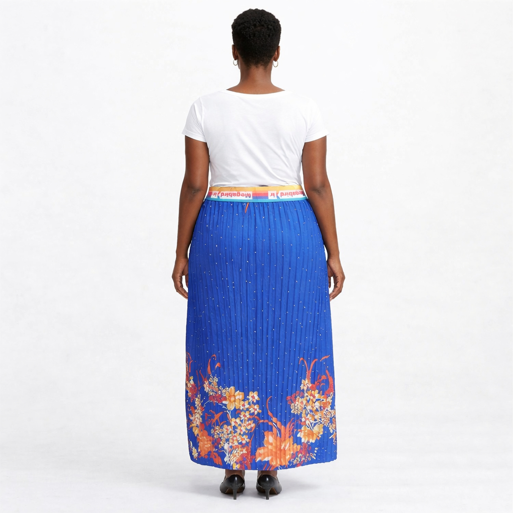 Womens Pleated Floral Midi Skirt with Elastic Waist