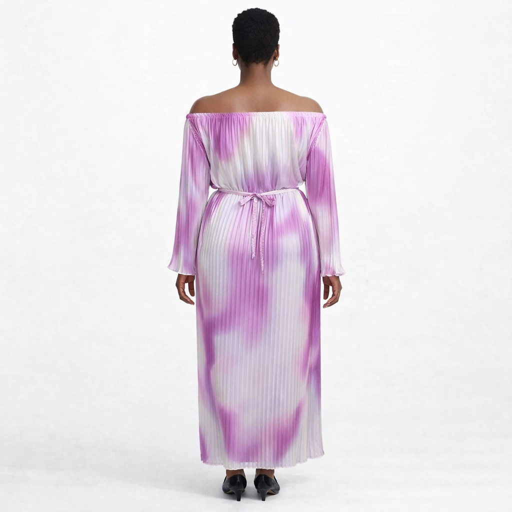 Elegant Women Off Shoulder Pleated Maxi Dress with Waist Tie