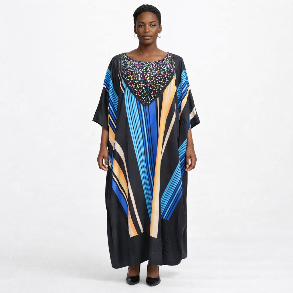 Elegant Blue Stripe Sequin Embellished Kaftan Maxi Dress