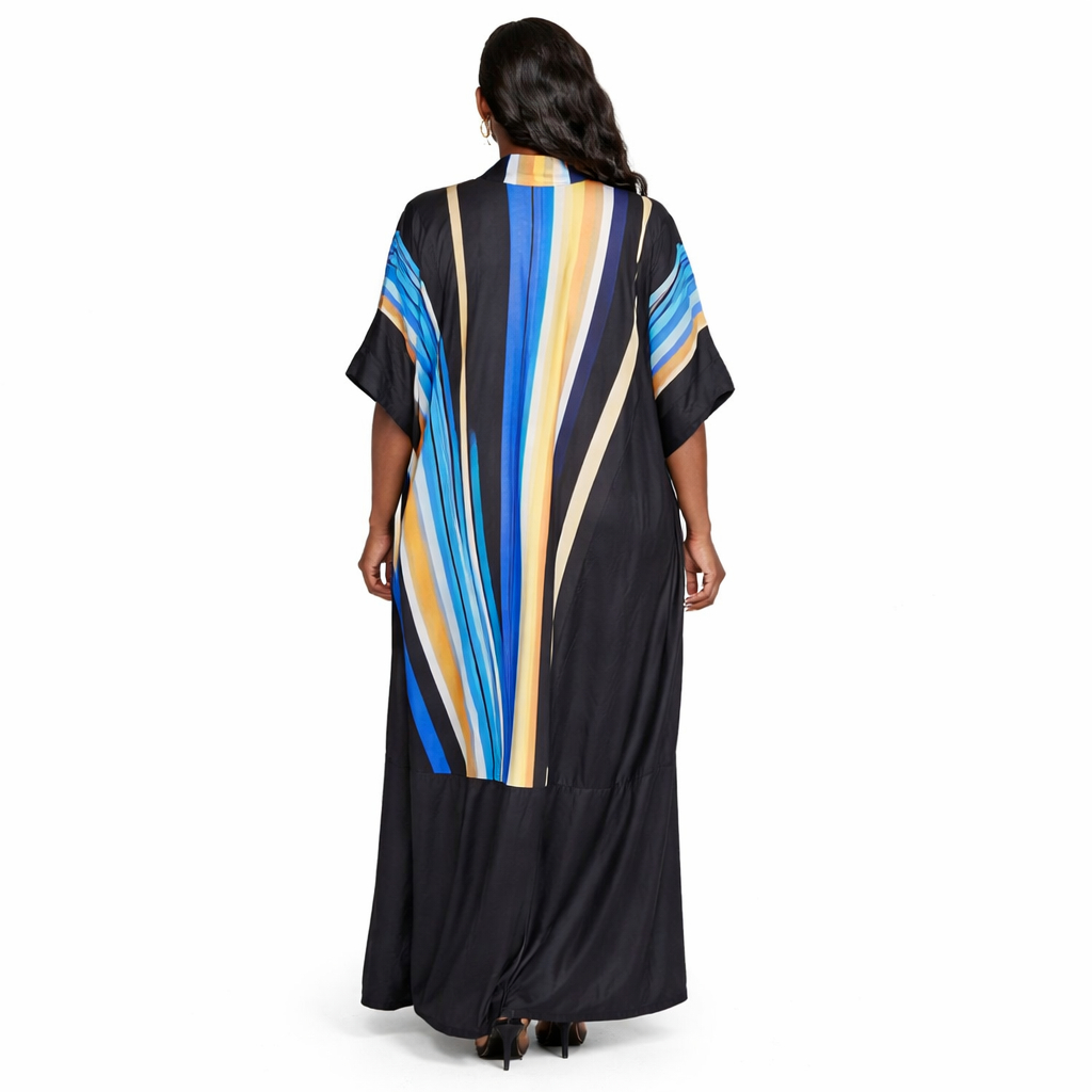 Elegant Blue Stripe Sequin Embellished Kaftan Maxi Dress