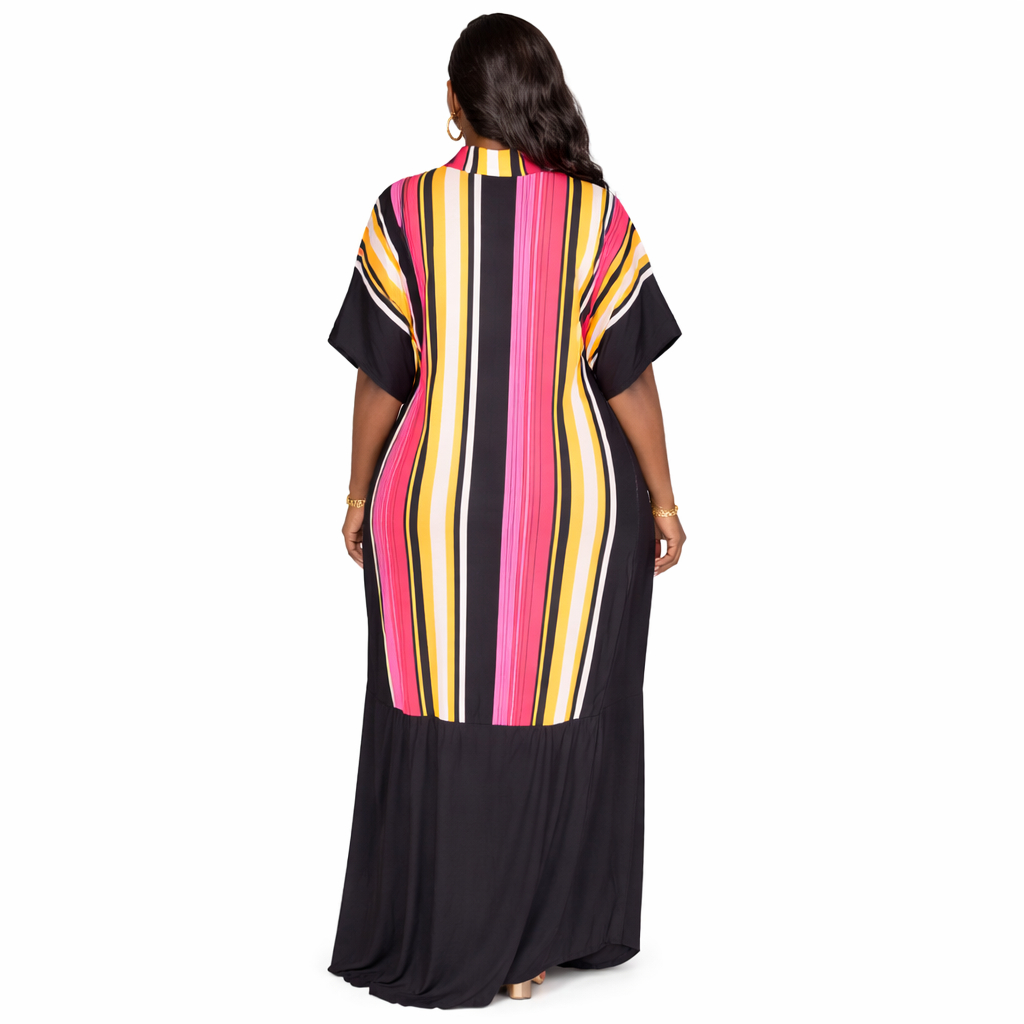 Multicolor Striped Kaftan Maxi Dress with Sequin Neck