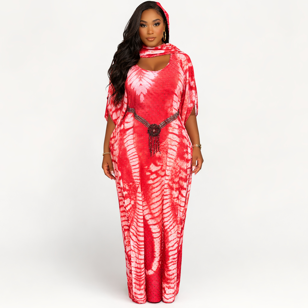 Coral Tie Dye Embellished Kaftan Maxi Dress with Matching Headscarf
