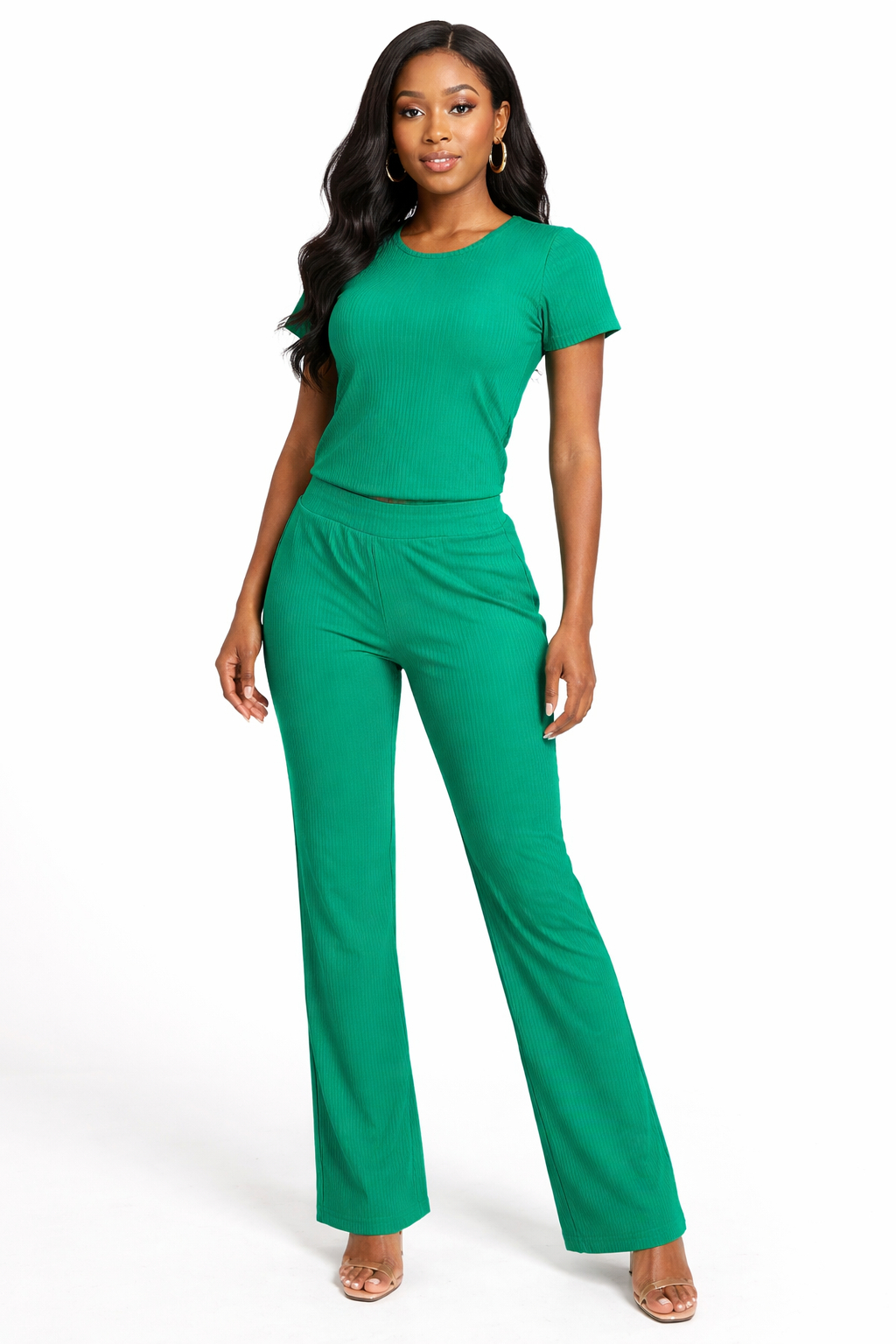 Women Emerald Ribbed Two Piece Lounge Set