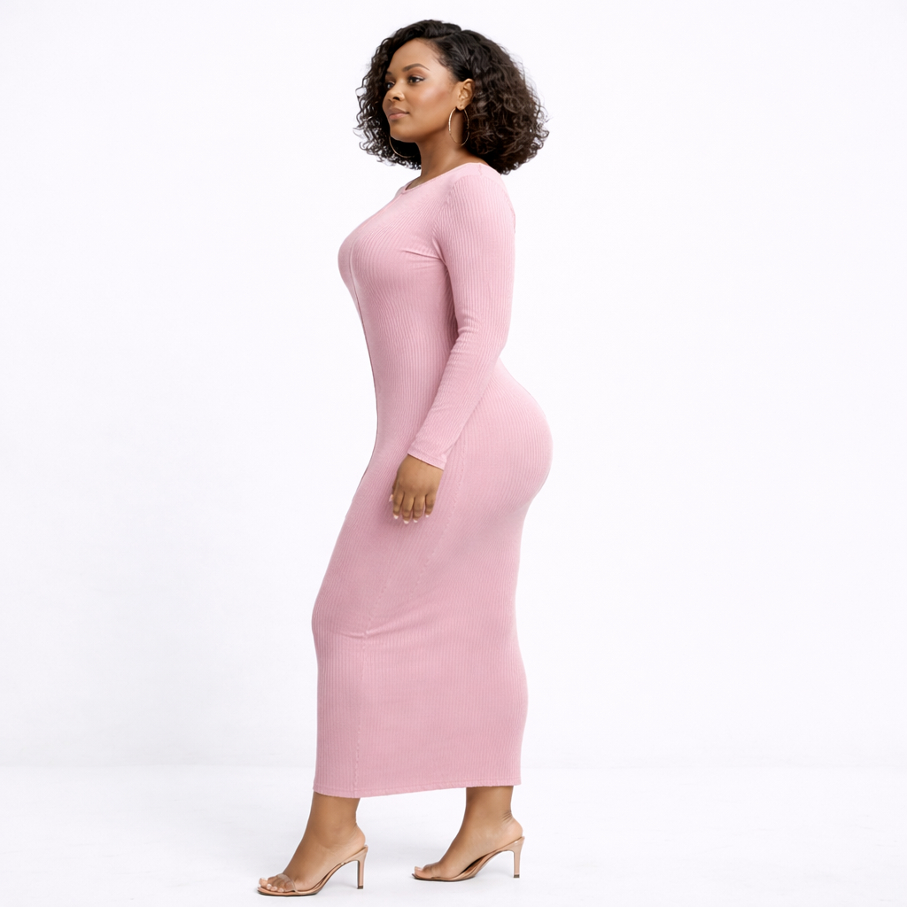 Blush Pink Ribbed Bodycon Midi Dress