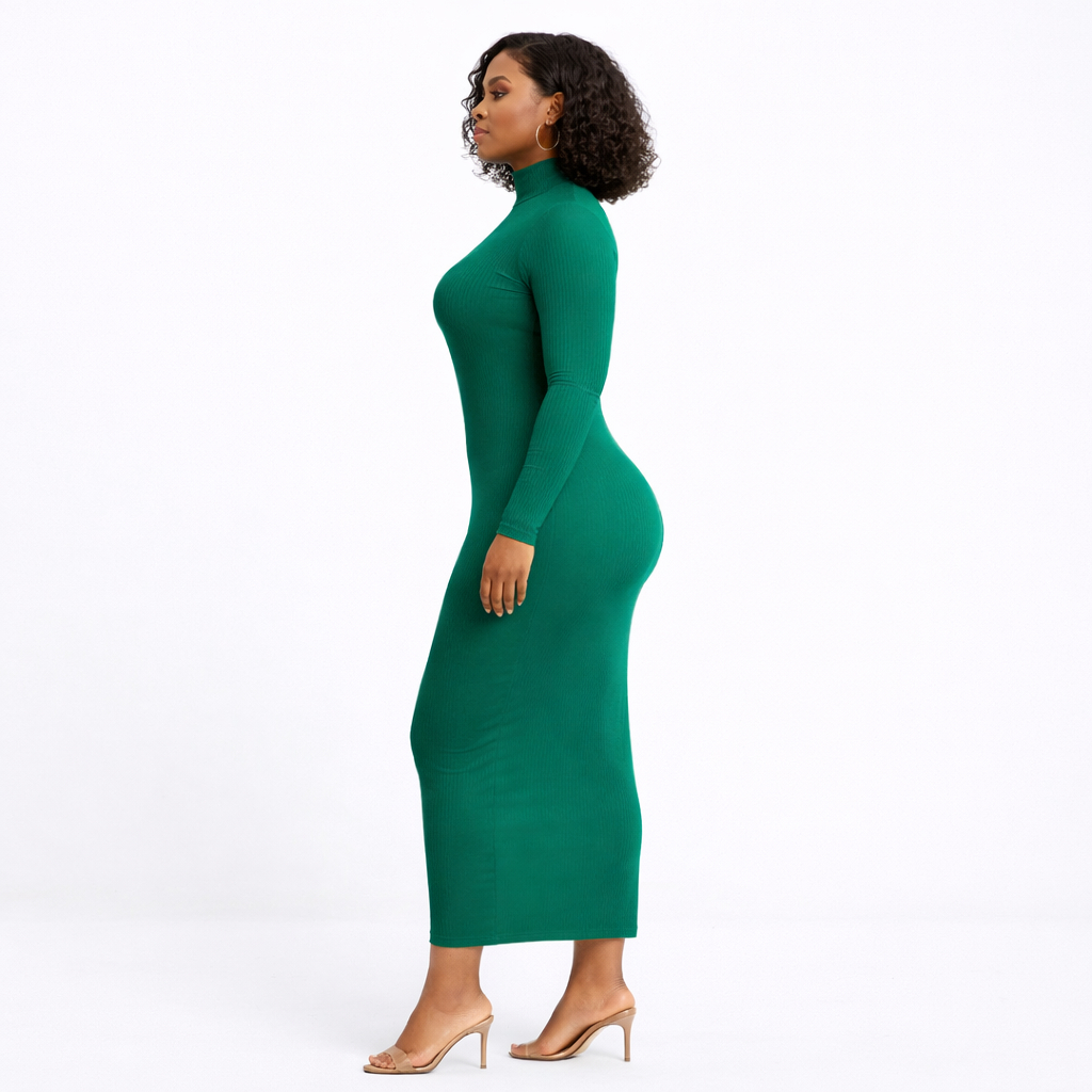Emerald Green Ribbed Turtleneck Maxi Dress