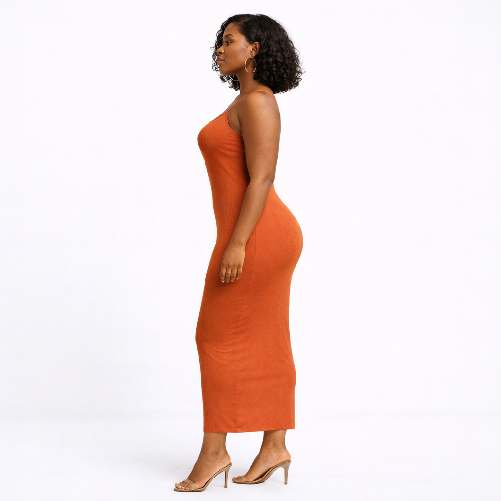 Burnt Orange Ribbed Bodycon Maxi Dress