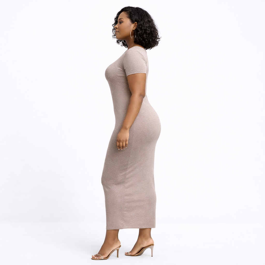 Elegant Taupe Bodycon Midi Dress