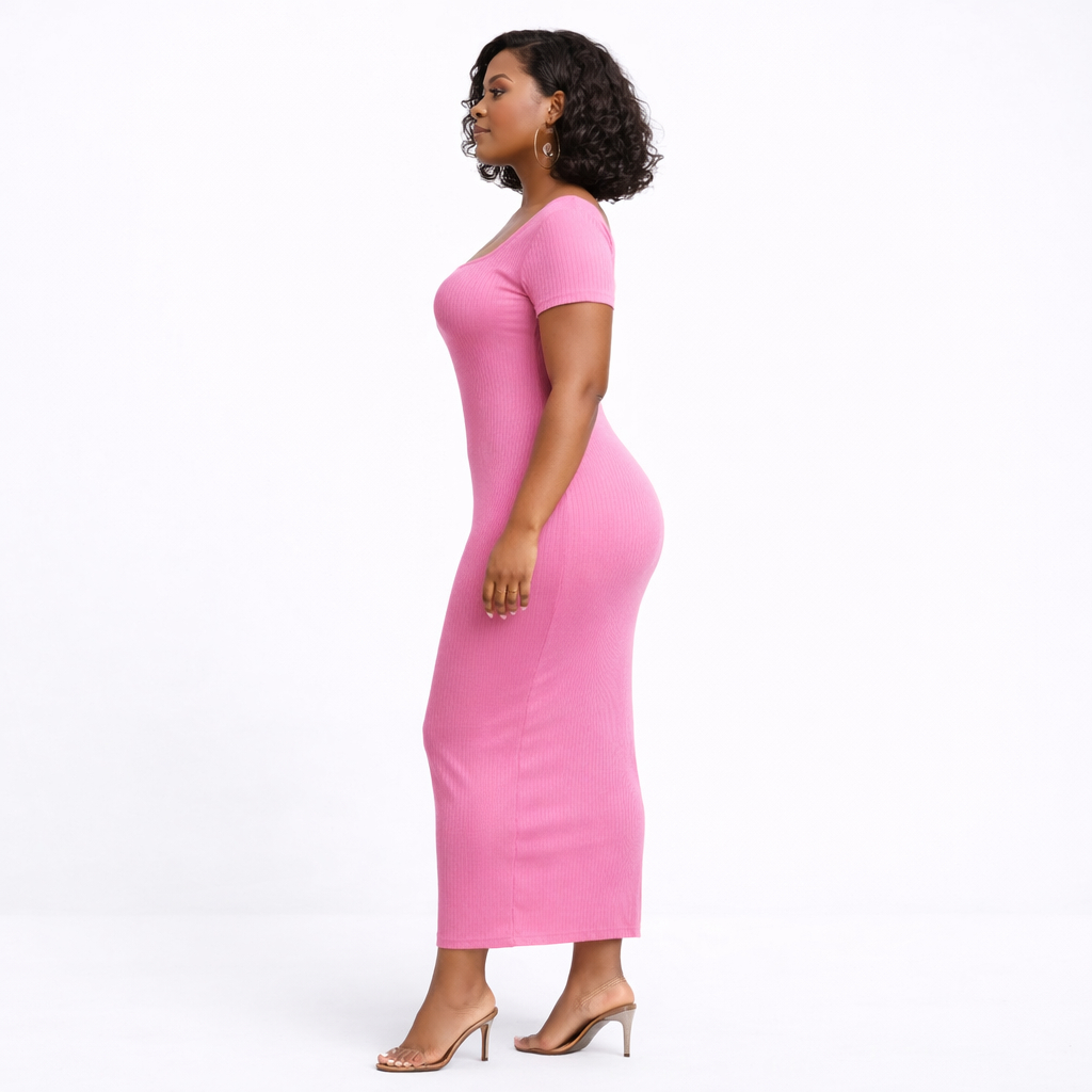 Pink Ribbed Square Neck Midi Dress